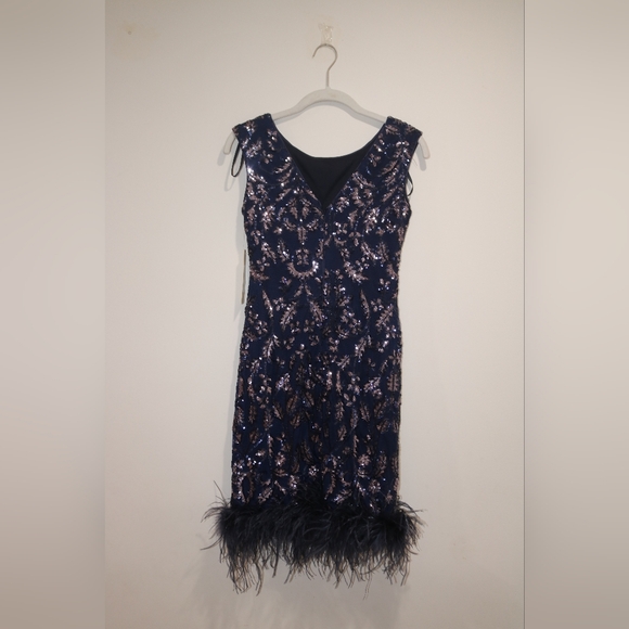 Eliza J Petite Feather-Trim Sequin Sheath Dress - Navy Pansy - Picture 5 of 11